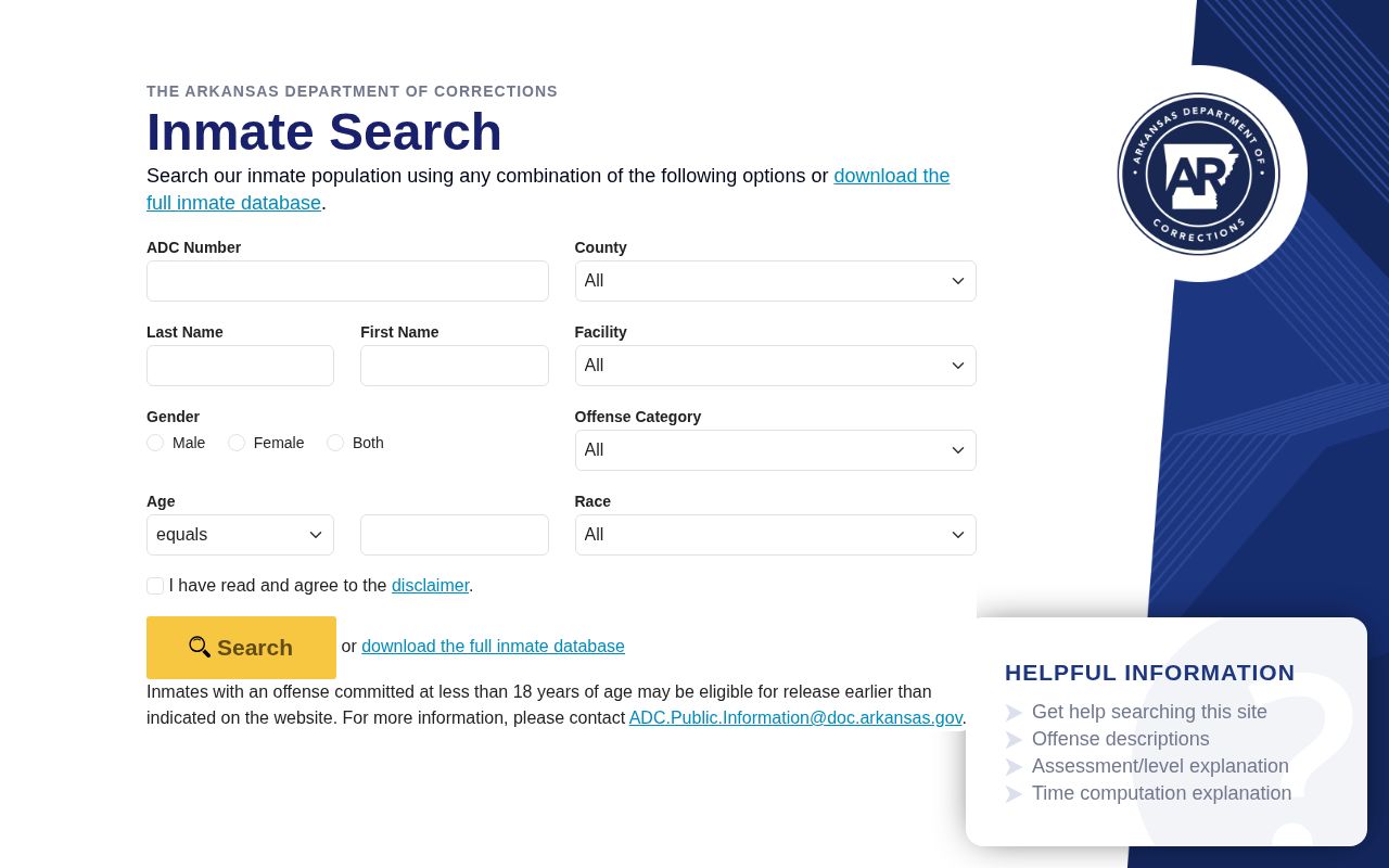 Arkansas Department of Corrections offender search fields and disclaimer