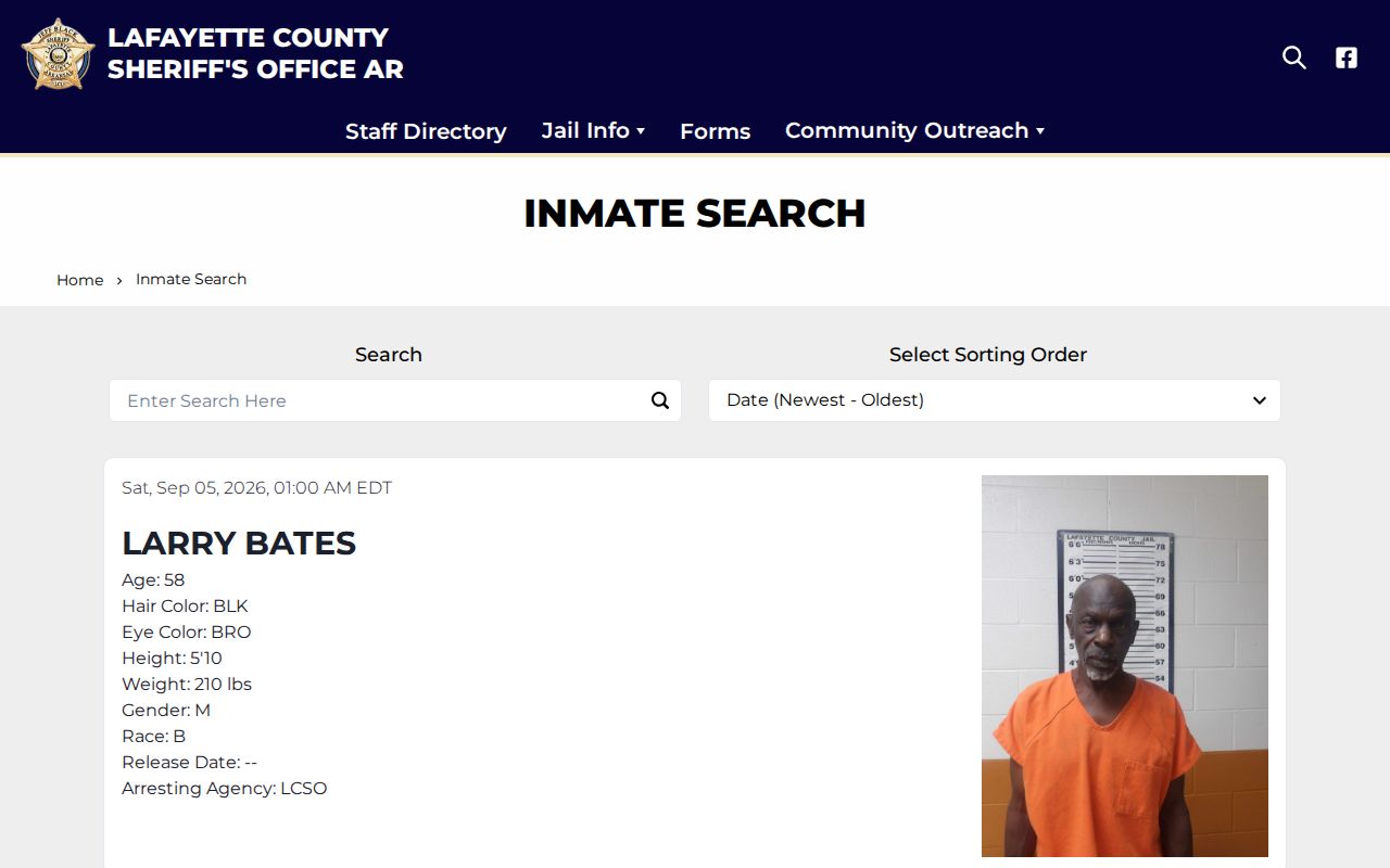 Lafayette County Sheriff's Office official inmate roster search interface