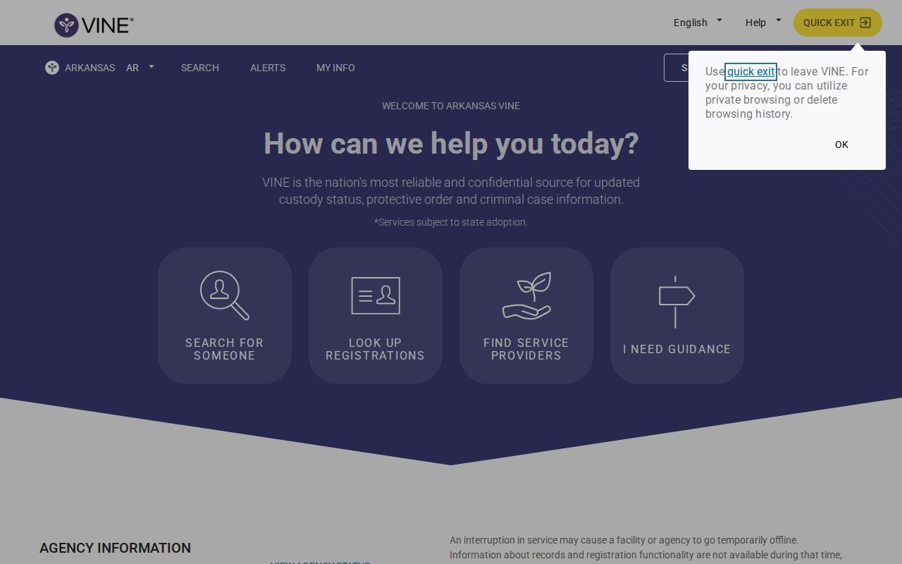 VINELink Arkansas English language and custody search landing